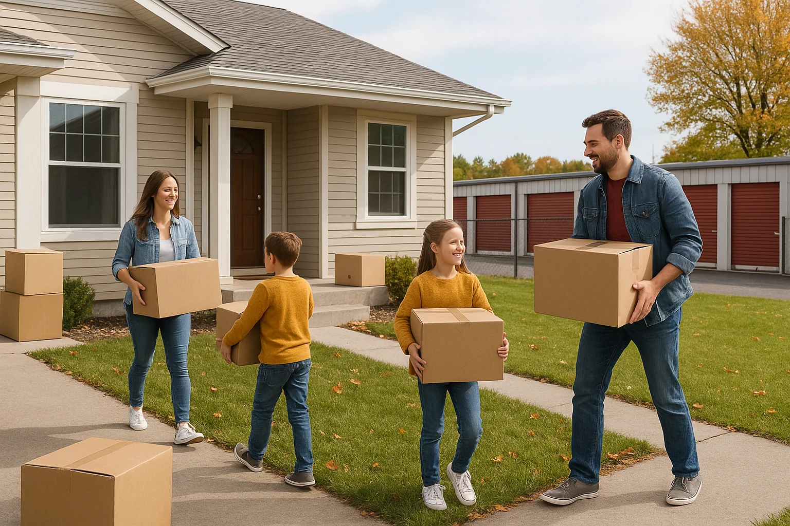 Family moving into a home in Monticello, NY with moving boxes and drive-up storage units visible