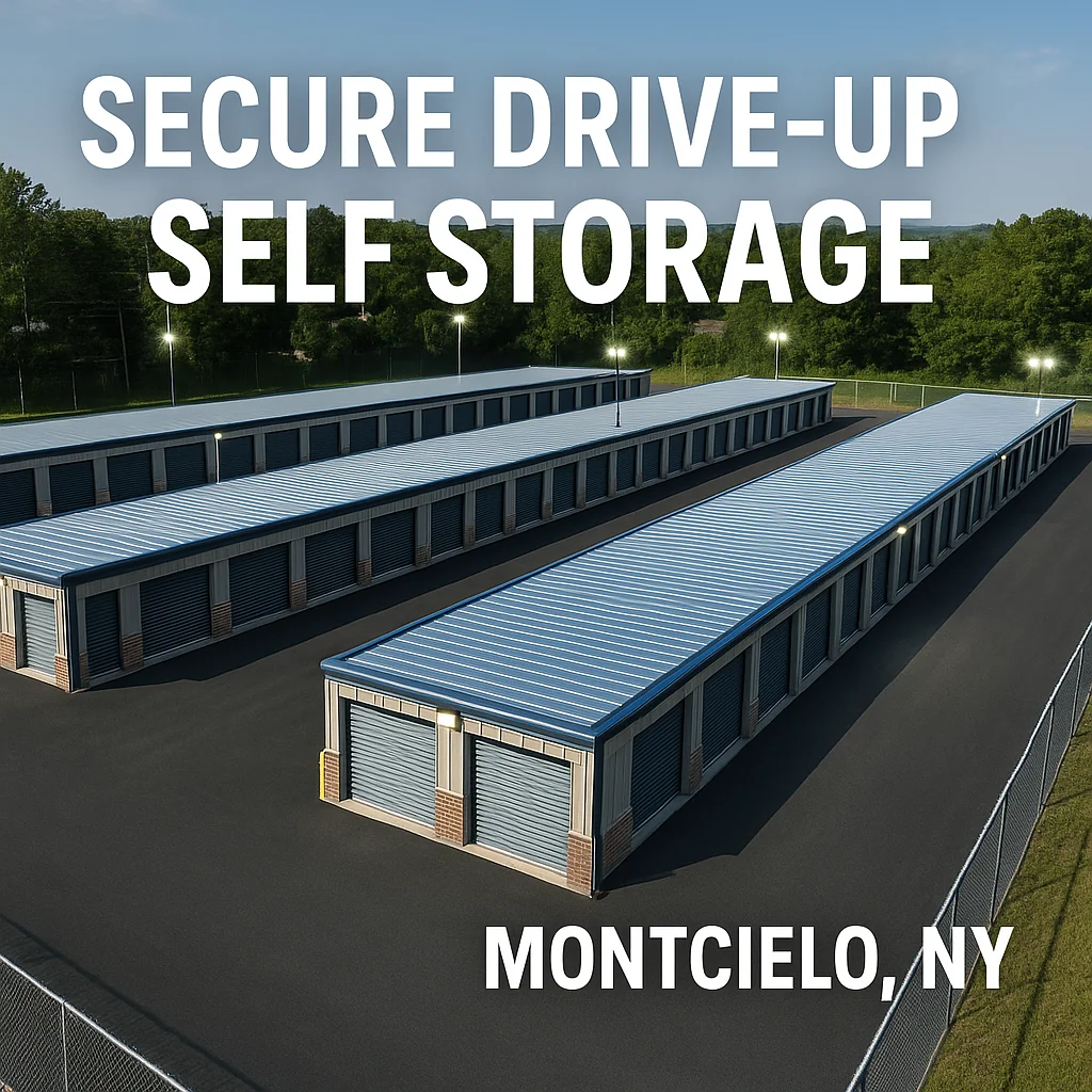 Aerial view of secure drive-up self storage units in Monticello, NY with paved aisles and bright lighting