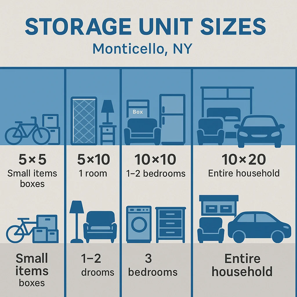 Diagram of different storage unit sizes from 5×5 to 10×20 with labeled furniture silhouettes in Monticello NY